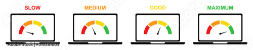 Speed test laptop vector icons set. Indicator from slow to maximum speed. Performance laptop. Speedometer on display.