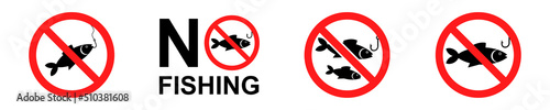 No fishing - forbidden sign. Vector set with prohibited fishing icons. Warning, ban, caution sign. Vector 10 ESP.