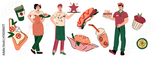 Restaurant or takeaway food, takeout service staff of waiters and waitresses, flat vector illustration isolated on white background. Food delivery and ordering ready meals online concept.