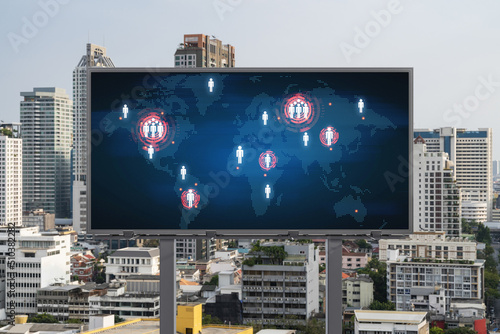 World planet Earth map hologram on billboard over panorama city view of Bangkok. The concept of international connections and business in Southeast Asia.