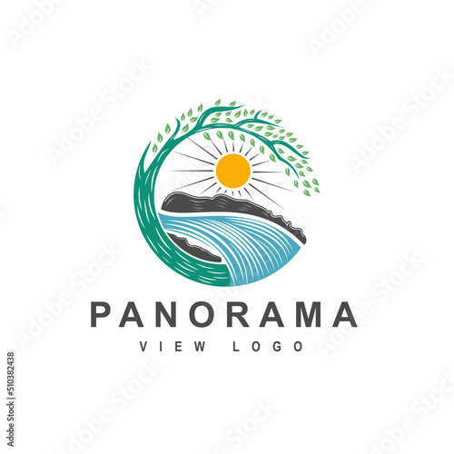 tree, river landscape logo Rural landscape logo design, trees, creek symbol.