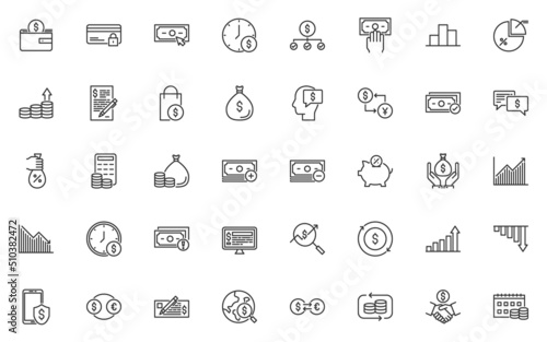 set of finance line icons, money, investment, business, online banking, currency