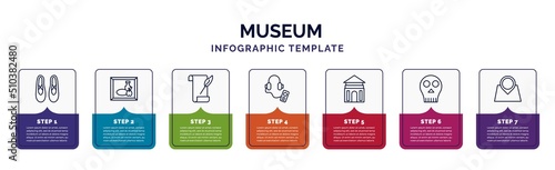 infographic template with icons and 7 options or steps. infographic for museum concept. included ballet, still life, poetry, audio guide, antic architecture, anthropology, tour icons.