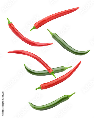 Foto Falling hot chili pepper, isolated on white background, clipping path, full dept