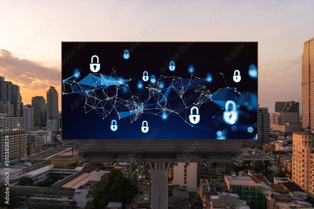 Φωτογραφία Padlock icon hologram on road billboard over panorama city view of Bangkok at sunset to protect business, Southeast Asia