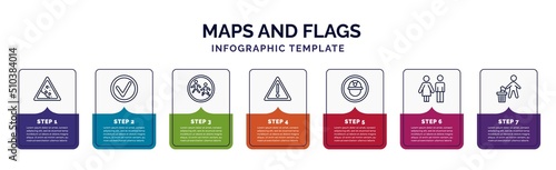 infographic template with icons and 7 options or steps. infographic for maps and flags concept. included land slide, mark, crossing zone, caution, mine site, toilets, throw to the bin icons.