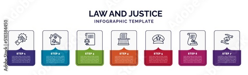 infographic template with icons and 7 options or steps. infographic for law and justice concept. included violence, real estate law, documents, stenographer, police cap, law paper, child custody