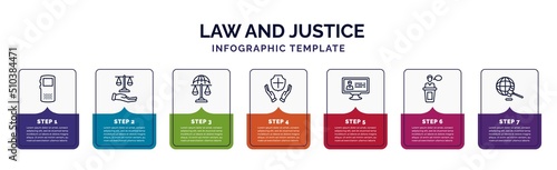 infographic template with icons and 7 options or steps. infographic for law and justice concept. included recorder, justice scales in hand, international law, qualified protection, criminal