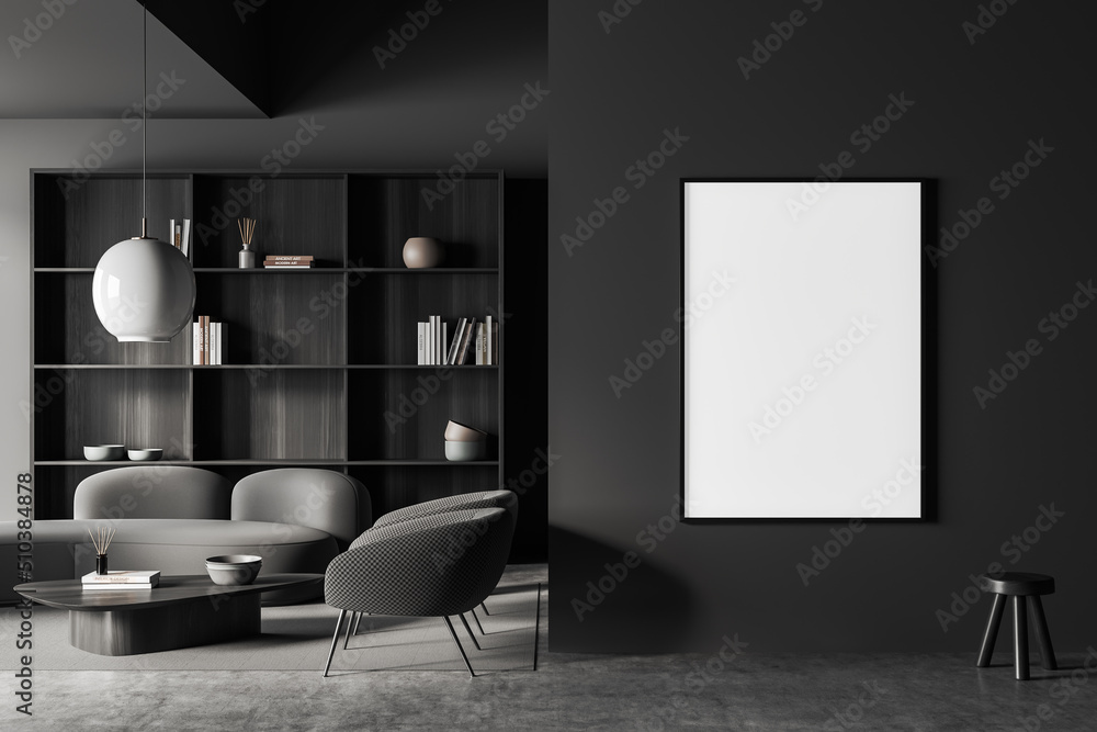 Chill room interior with couch and seat, shelf with decoration and mockup frame Chill room interior with couch and seat, shelf with decoration and mockup frame