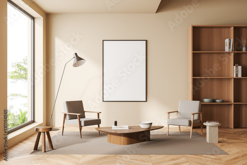 Chill room interior with chairs and decoration, shelf and mockup frame