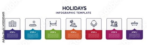 infographic template with icons and 7 options or steps. infographic for holidays concept. included hotels, sunbathing, hammocks, vacations, flower necklace, beach house, bathtube icons.