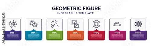 infographic template with icons and 7 options or steps. infographic for geometric figure concept. included spiral, merge, transform, exclude, constraint, semicircle, triangle inside hexagon icons.