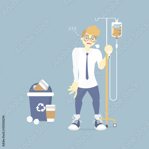 sleepy businessman holding IV (intravenous) stand with coffee infusion drip bag and recycle bin, coffee addict, health care concept, flat vector illustration character cartoon design