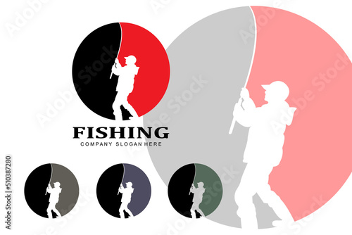 fishing logo icon vector, catch fish on the boat, outdoor sunset silhouette design
