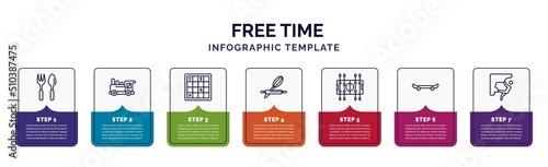 infographic template with icons and 7 options or steps. infographic for free time concept. included gardening tools, toy train, sudoku, baking, table football, skate, climb icons.