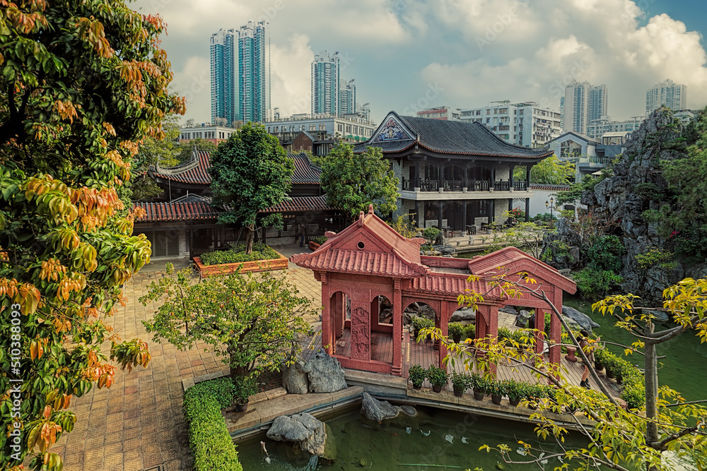 Guangzhou city, China. Liwan district, Xiguan Antique town. Cantonese Opera Art Museum conserves cultural heritage, arts and crafts, and performance between Opera and Lingnan garden   