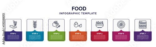 infographic template with icons and 7 options or steps. infographic for food concept. included drinking, ear of wheat, canadian, eggs sillhouettes, bowl with vegetables, shuizhu, cafe bar icons.