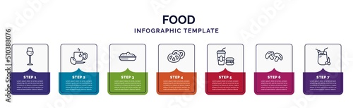 infographic template with icons and 7 options or steps. infographic for food concept. included cup of wine, hot herbal, risotto, pretzel, junk food, mushrooms, fresh smoothie icons.