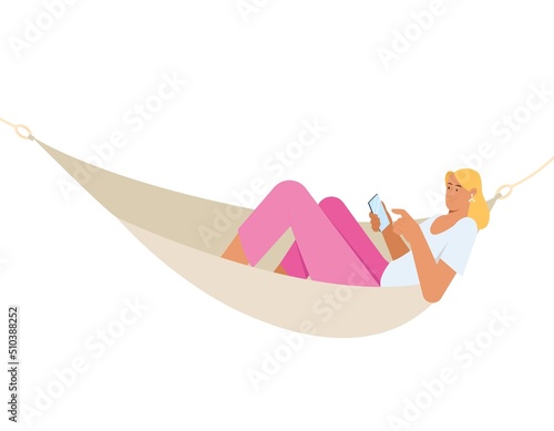 Young woman laying in hammock, using smartphone, remote work concept. Summer concept. Flat vector illustration