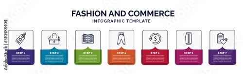 infographic template with icons and 7 options or steps. infographic for fashion and commerce concept. included brand, hand bag, catalogue, trousers, refund, skirt, wishlist icons.