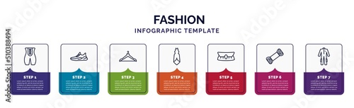 infographic template with icons and 7 options or steps. infographic for fashion concept. included bandages, gym shoes, clothing hanger, cloth, accessory, skein, working coverall icons.