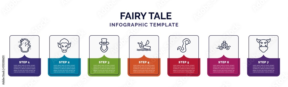 infographic template with icons and 7 options or steps. infographic for fairy tale concept. included magic mirror, vampire, leprechaun, shipwreck, rapunzel, cinderella carriage, ogre icons. - obrazy, fototapety, plakaty 