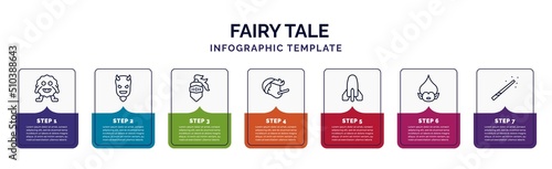 infographic template with icons and 7 options or steps. infographic for fairy tale concept. included monster, evil, knight, pinocchio, atomic bomb, troll, magic wand icons.