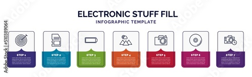 infographic template with icons and 7 options or steps. infographic for electronic stuff fill concept. included objective, memory card, empty battery, scenic, photograph, compact disc, camera timer