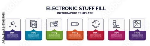 infographic template with icons and 7 options or steps. infographic for electronic stuff fill concept. included brightness option, photogram, compact camera, battery almost full, three quarters,