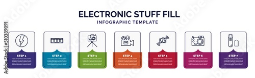 infographic template with icons and 7 options or steps. infographic for electronic stuff fill concept. included flash, film strip, camera stand, old video camera, shake camera, digital pen drive