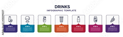 infographic template with icons and 7 options or steps. infographic for drinks concept. included juice bottle, armagnac, planter's punch, paper cup, mashing, tom collins, bunch of grapes icons.