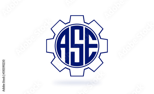 ASE three letter industrial logo with gear icon logo design vector template. mechanical logo | servicing logo | engineering logo | initial letter logo | flat logo | minimalist logo | wordmark logo |