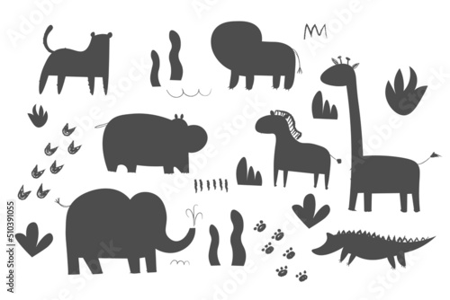 Africa animals silhouettes  isolated on white background vector illustration. Africa animals contour. Africa mammals big vector set. Hippo  elephant  giraffe  lion icon EPS