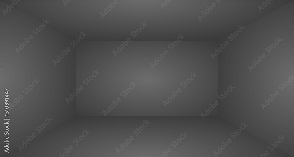 Vector illustration of empty black studio background. Luxury dark abstract background for product display. Volumetric empty studio room with spotlight effect backdrop. Inner box space.