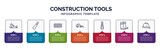 infographic template with icons and 7 options or steps. infographic for construction tools concept. included jack plane, putty knife, brick, loader, repair pliers, rubber boots, safety helmet icons.