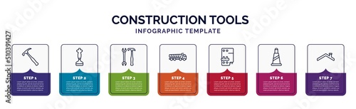 infographic template with icons and 7 options or steps. infographic for construction tools concept. included brick hammer, bolster, garage screwdriver, dumper, circuit breaker, traffic cone, roof