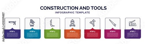 infographic template with icons and 7 options or steps. infographic for construction and tools concept. included caulk gun, allen keys, jackknife, mechanic working, improvement, handsaw, staple gun