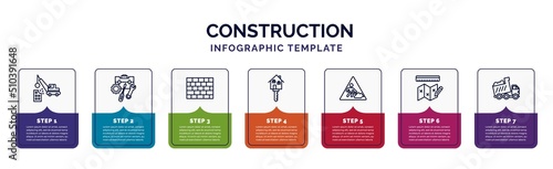 infographic template with icons and 7 options or steps. infographic for construction concept. included demolition, tool bag, brickwall, home key, working, measures plan, dump truck icons.