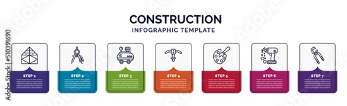 infographic template with icons and 7 options or steps. infographic for construction concept. included joist, drawing compass, air compressor, inclined picker, pallete, electric drill, big clippers