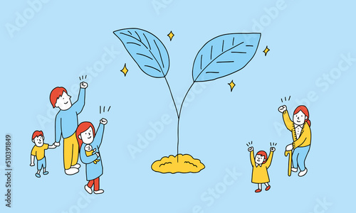 記念樹を植えた家族のイラスト