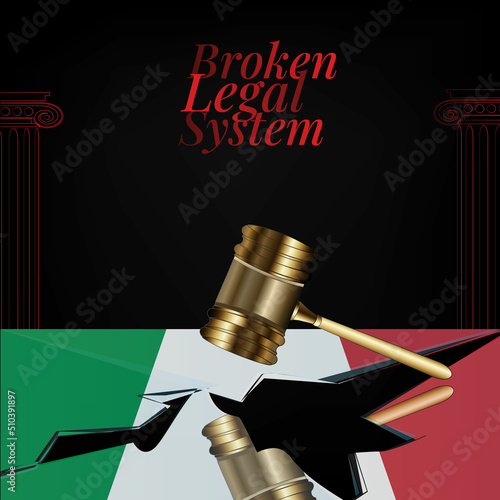 Italy's broken legal system concept art.Flag of Italy and a gavel
