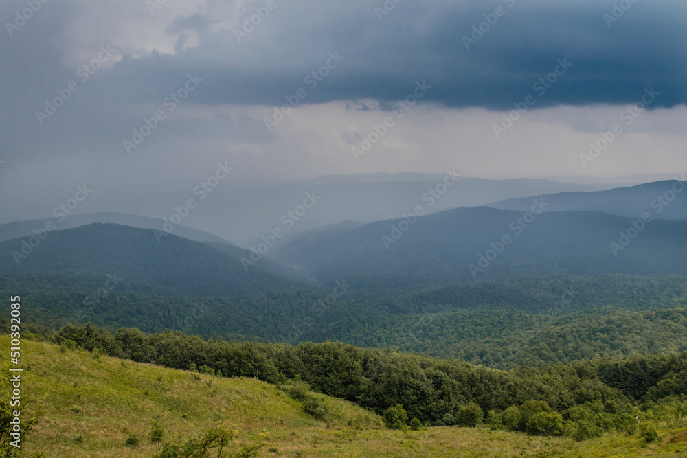 Fototapeta premium Landscape of the beautiful Polish mountains of the Bieszczady Mountains, part of the Carpathians. Dreamlike mountains, a symbol of freedom and independence. A place for many artists.Mountain landscape