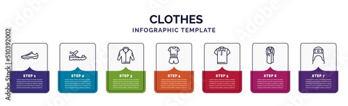 infographic template with icons and 7 options or steps. infographic for clothes concept. included soccer shoe, sandals, jogging jacket, pijama, polo shirt, dressing gown, ushanka icons.