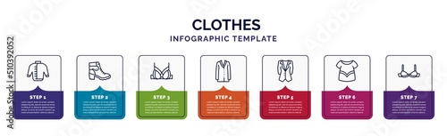 infographic template with icons and 7 options or steps. infographic for clothes concept. included windbreaker, danica shoes, brassiere, cardigan, dinner jacket, blouse, bra icons. photo