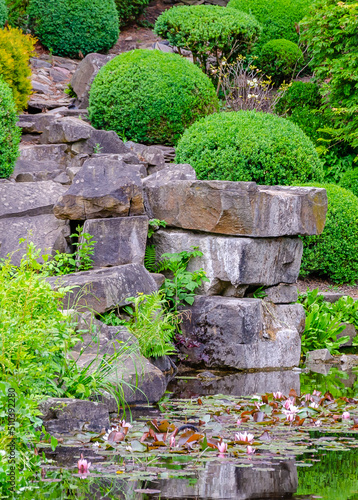 Stones and trees in Japanese garden, Westfalenpark, Dortmund, Germany 