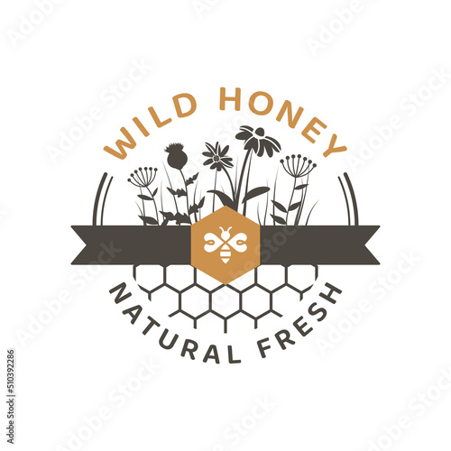 Colorful honey vector label with honeycomb. Round badge with wild flowers and ribbon.