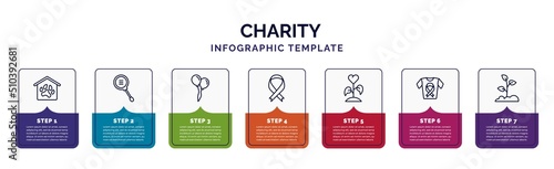 infographic template with icons and 7 options or steps. infographic for charity concept. included shelter, research, ballons, awareness, plant heart, clothes donation, reforestation icons.