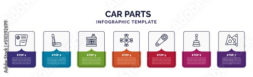 infographic template with icons and 7 options or steps. infographic for car parts concept. included car glove compartment, car bucket seat, radiator, universal joint, camshaft, transmission, gasket