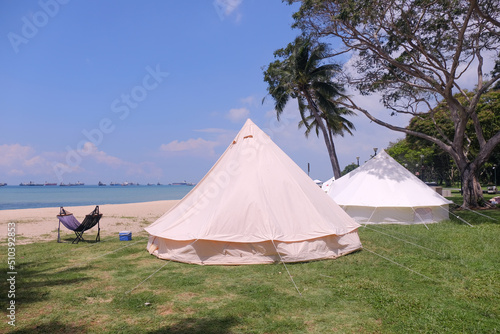 Large family camping tents for rent along East Coast Park in Singapore. Glamping is a popular leisure activity in Singapore  especially for families during the school holidays  staycation fun.