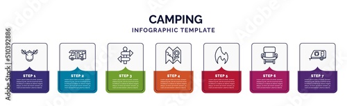 infographic template with icons and 7 options or steps. infographic for camping concept. included hunting trophy, camper van, direction, map, gas, folding chair, camper icons.